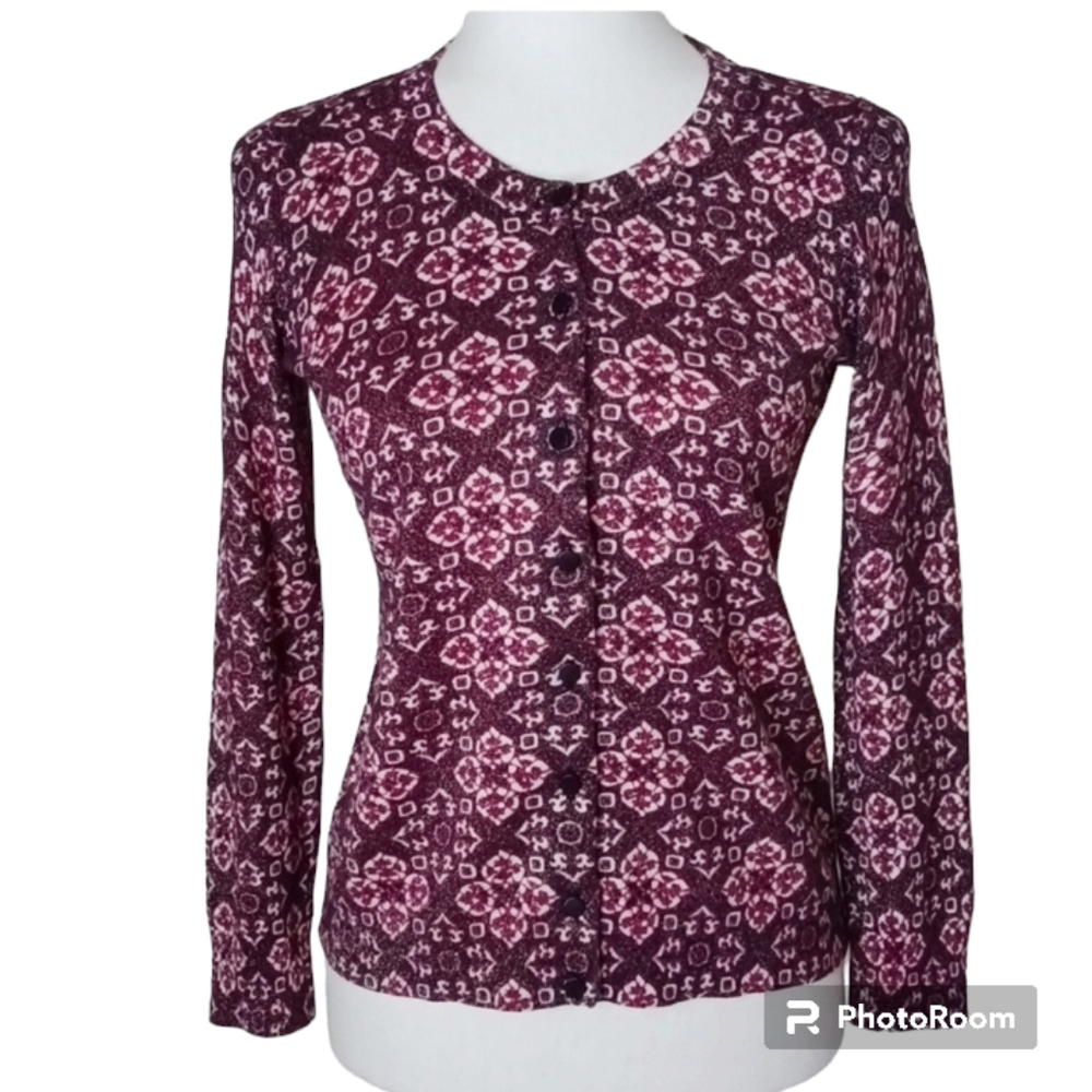 Talbots  button up cardigan sweater round neck long sleeve metallic red black SP